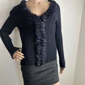 Bellini L black long sleeve knit blouse w/champagne ruffle V neck elegant